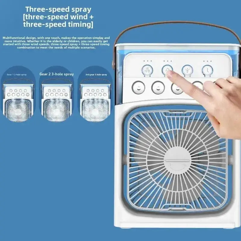 Nevytech 3-in-1 portable mini air cooler offers cooling, humidifying, and LED lighting—compact, quiet, and energy efficient.