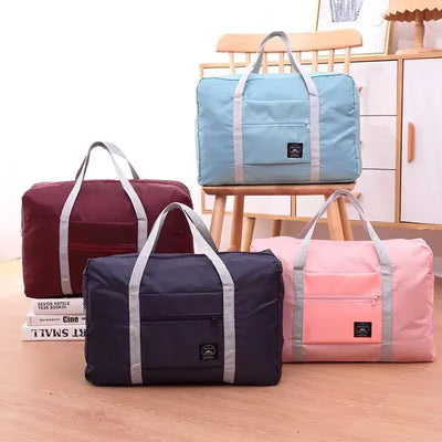 Colorful travel handbags featuring a large capacity and durable design, perfect for storage and travel convenience.
