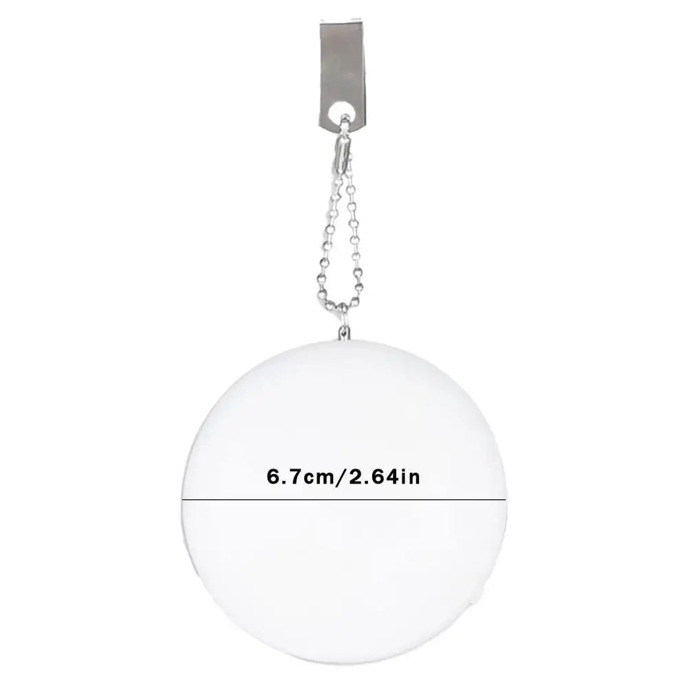 LED handbag light in round shape with keychain clip, measuring 6.7cm/2.64in, ideal for purses and nighttime use.