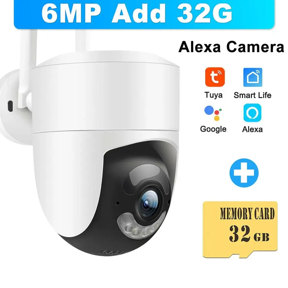 6MP Tuya WiFi outdoor camera with Alexa support and 32GB memory card, ideal for security and surveillance.