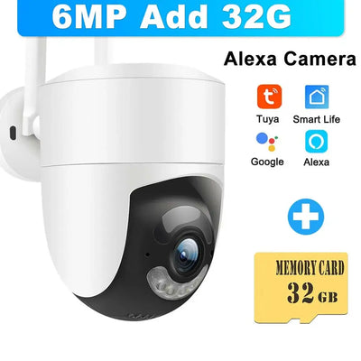 6MP Tuya WiFi outdoor camera with Alexa support and 32GB memory card, ideal for security and surveillance.