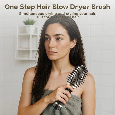 Woman using a 4-in-1 hair dryer brush for styling and drying hair, suitable for all hair types.