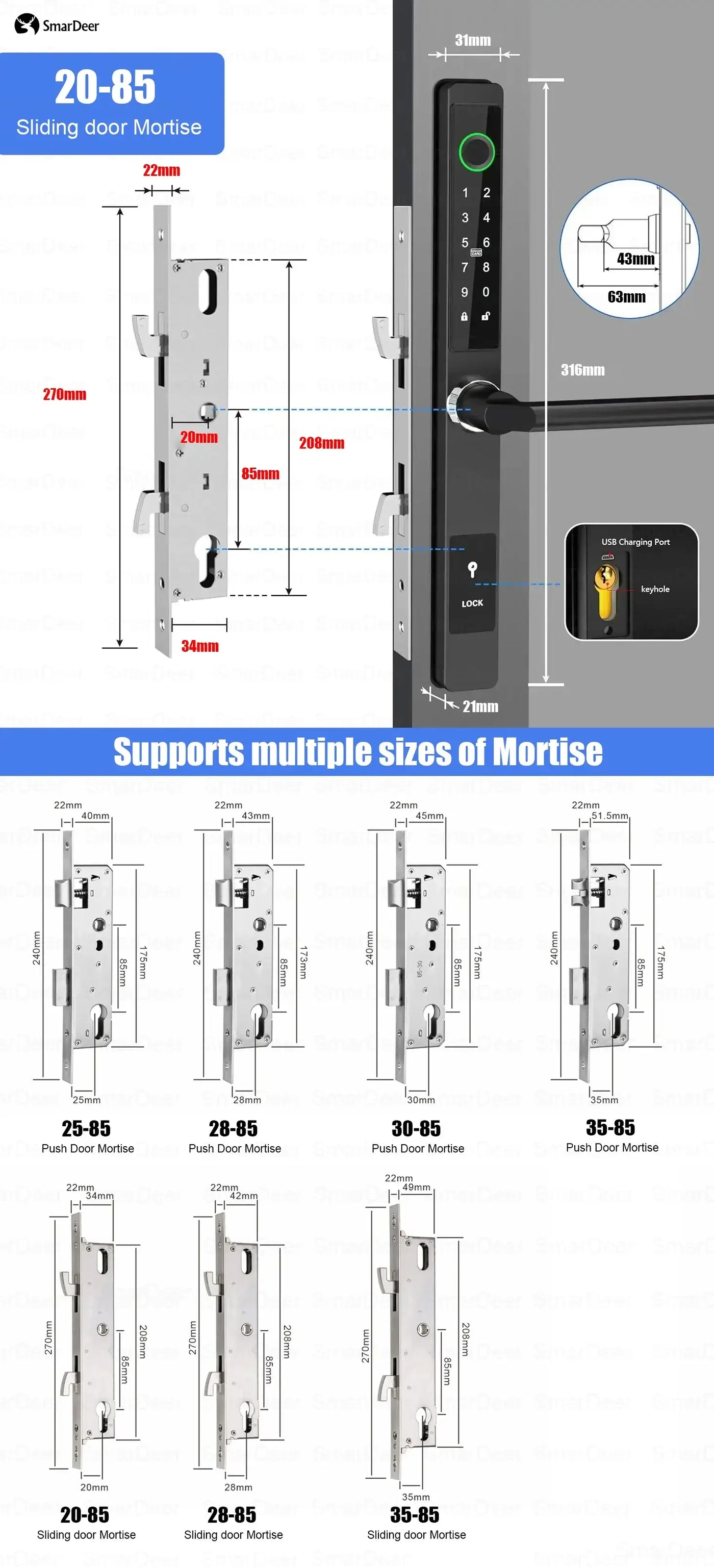 SmarDeer Sliding Door Mortise dimensions and installation guide, supporting multiple sizes from 20-85mm.