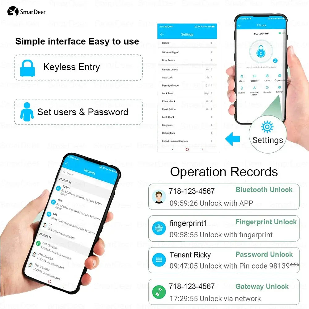 SmarDeer app interface showing keyless entry options and operation records including Bluetooth, fingerprint, and password unlocks.