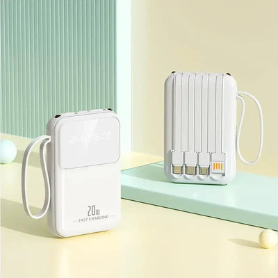 Portable 20000mAh power bank with fast charging, LED display, and multiple charging cables.