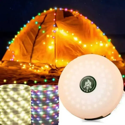 LED camping lantern strip lighting a tent outdoors, featuring colorful fairy lights for atmosphere and decoration.