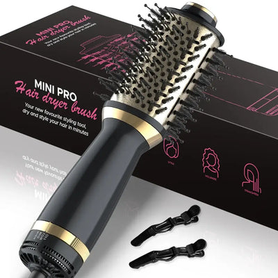 4in1 hair dryer brush displayed with packaging, suitable for all hair types, featuring anti-scalding design and auto power off.