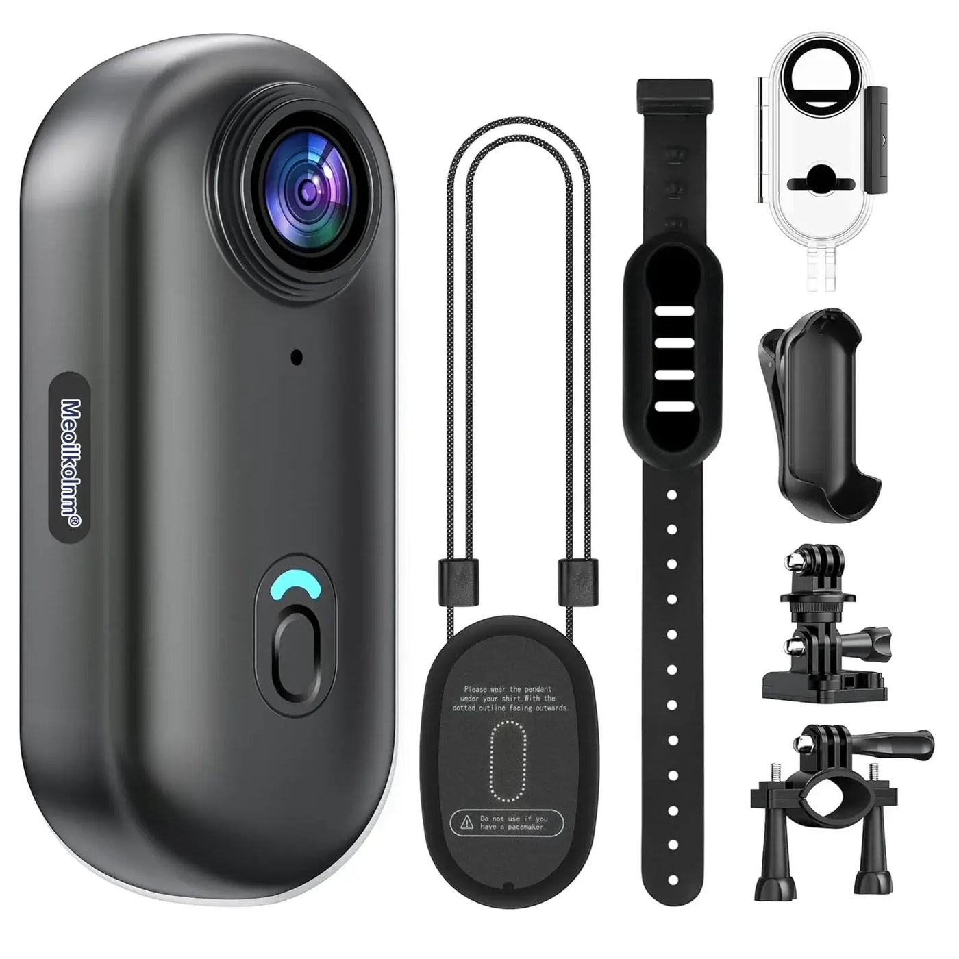Action camera with accessories including straps and mounts for outdoor sports and vlogging, waterproof 4K features.