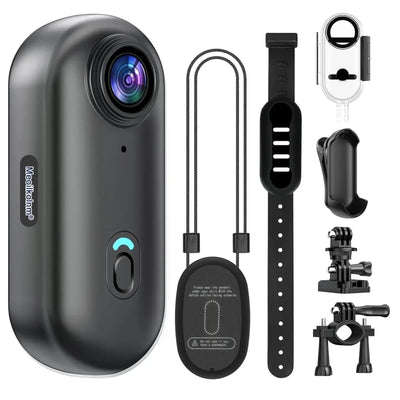 Action camera with accessories including straps and mounts for outdoor sports and vlogging, waterproof 4K features.