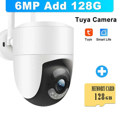 6MP Tuya WiFi surveillance camera with added 128GB memory card, Smart Life app compatible, outdoor security solution.