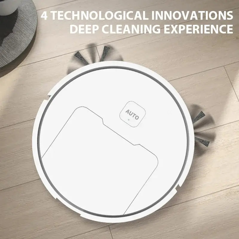 Wireless smart robot vacuum showcasing 4 technological innovations for deep cleaning efficiency.