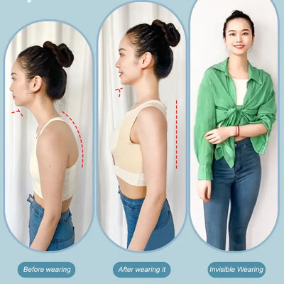 Image showing posture improvement with back posture corrector: before, after, and invisible wearing.