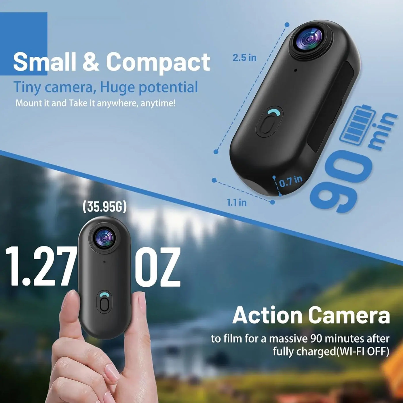 Compact action camera featuring small size, 90-minute battery life for outdoor filming and sports activities.