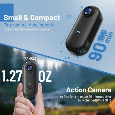 Compact action camera featuring small size, 90-minute battery life for outdoor filming and sports activities.