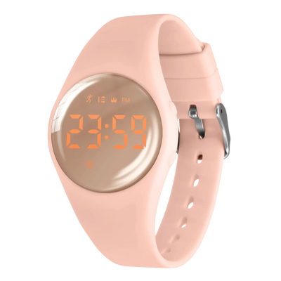 Digital sport watch for kids featuring a pink silicone band and LED display, ideal for active boys and girls.