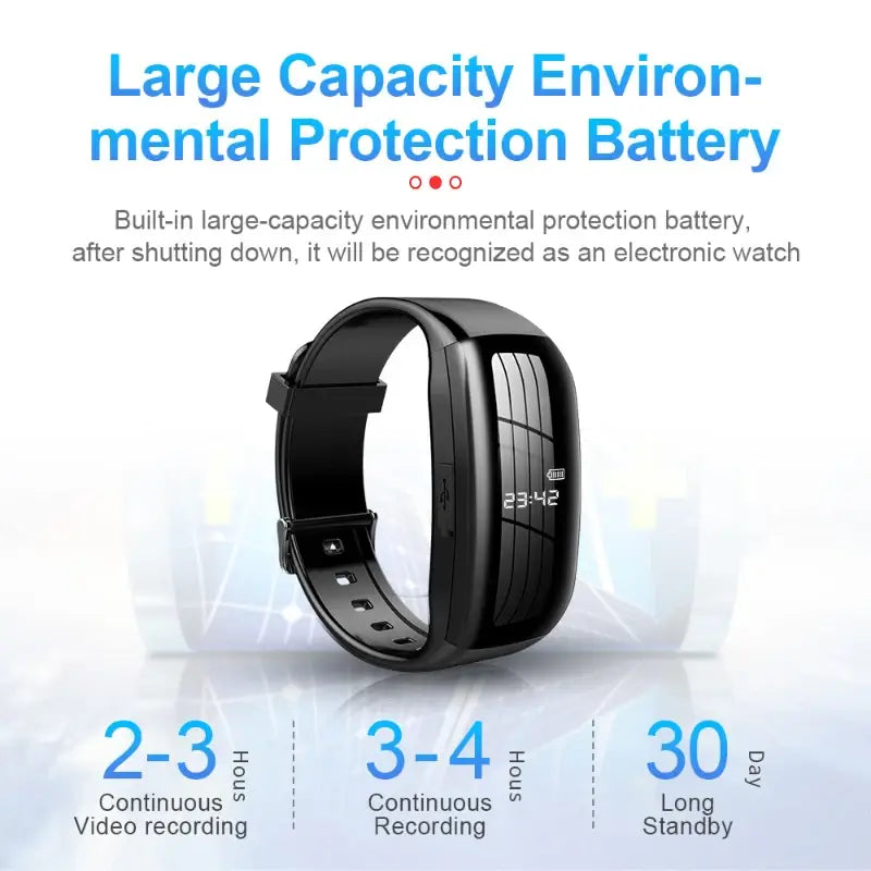 Digital watch mini camera with large-capacity environmental protection battery, displaying recording times and standby duration.