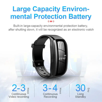 Digital watch mini camera with large-capacity environmental protection battery, displaying recording times and standby duration.
