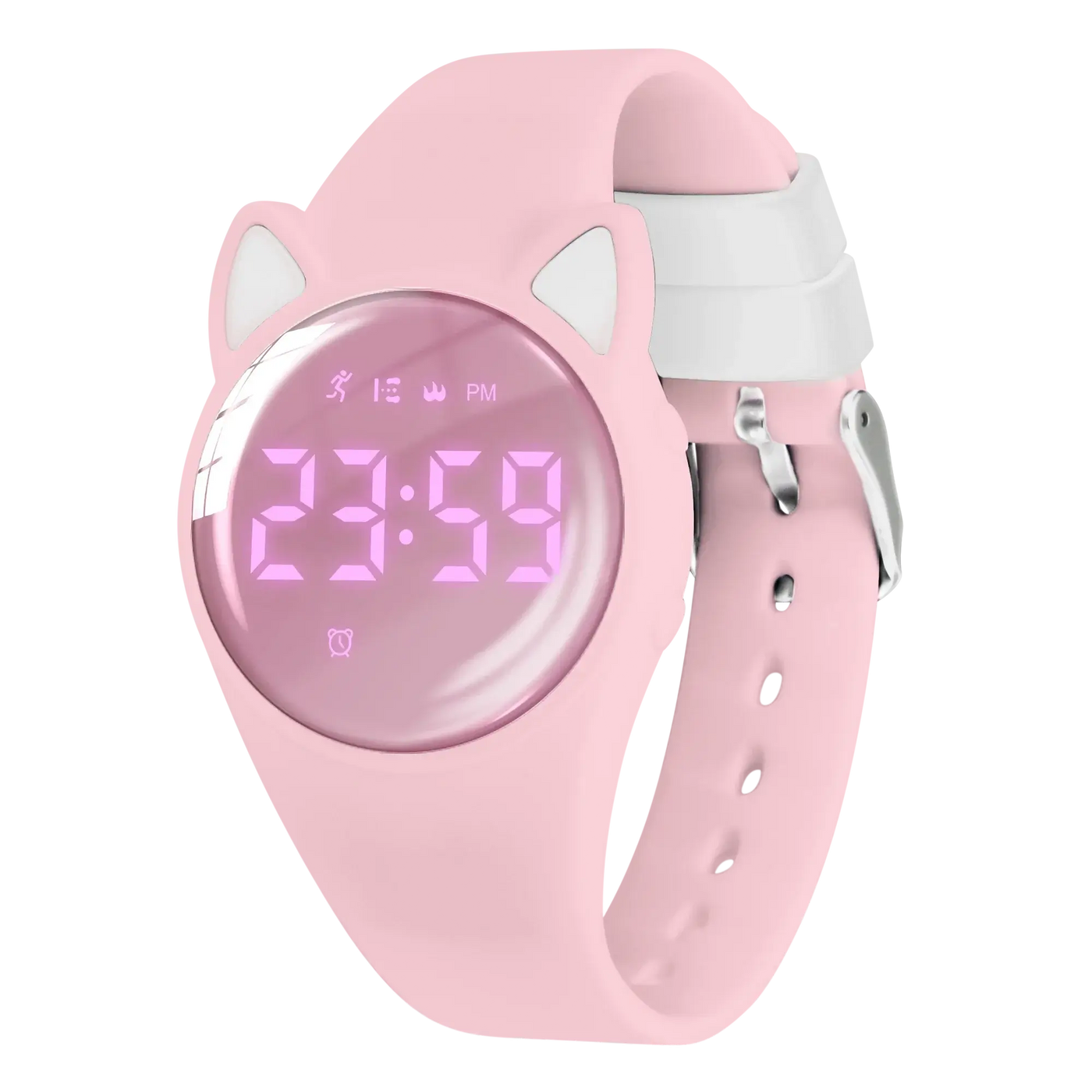 Pink digital sport watch for kids with cat ears, silicone band, and LED display showing time.
