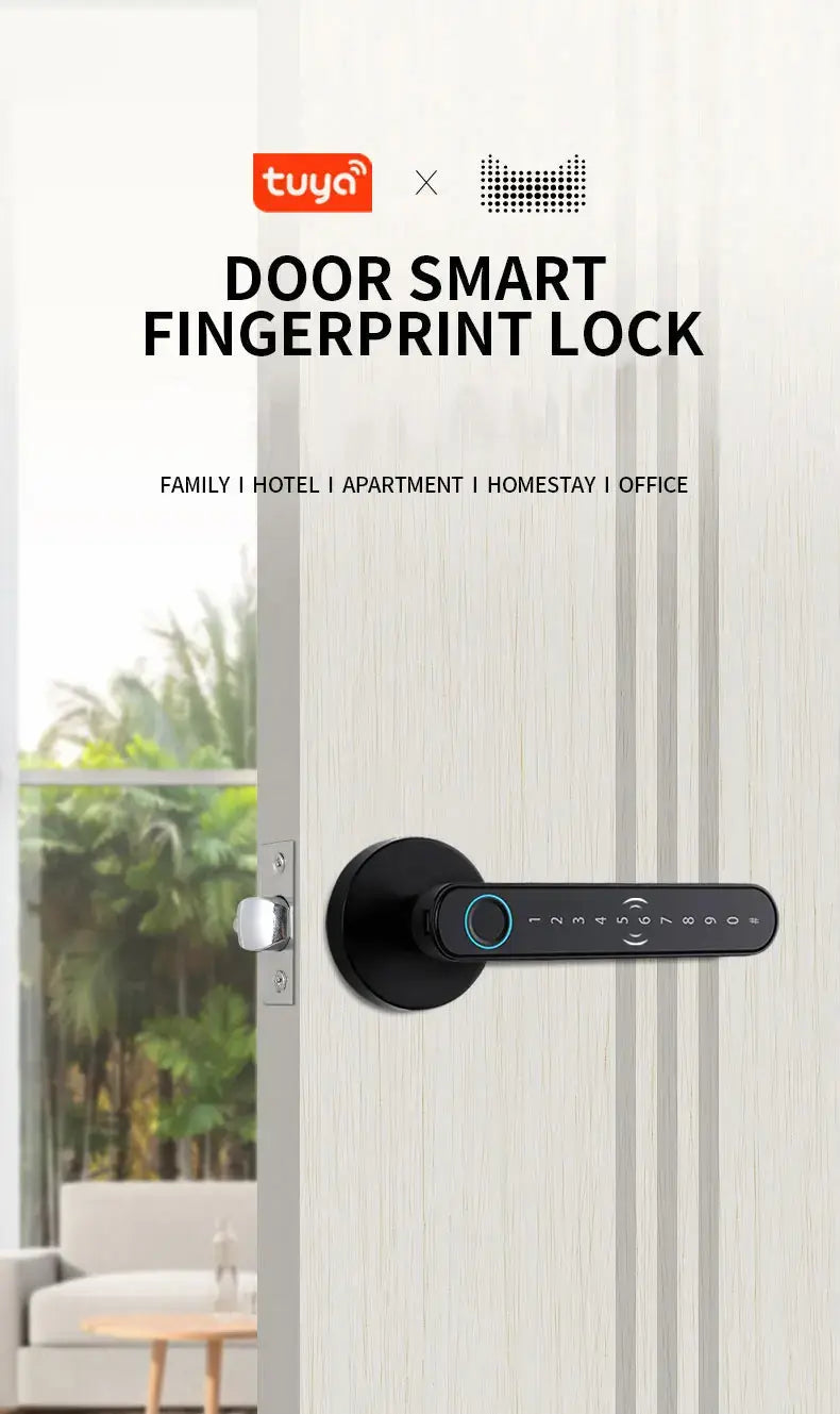 Smart fingerprint door lock for home and office, featuring keyless entry and digital keypad by Tuya.