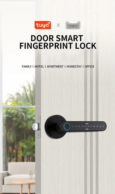 Smart fingerprint door lock for home and office, featuring keyless entry and digital keypad by Tuya.