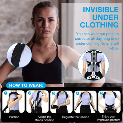 Posture corrector brace shown worn under clothing for posture improvement and pain relief.