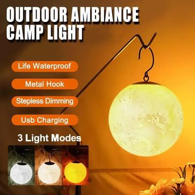 Outdoor ambient camping light with waterproof design, metal hook, USB charging, and three light modes.