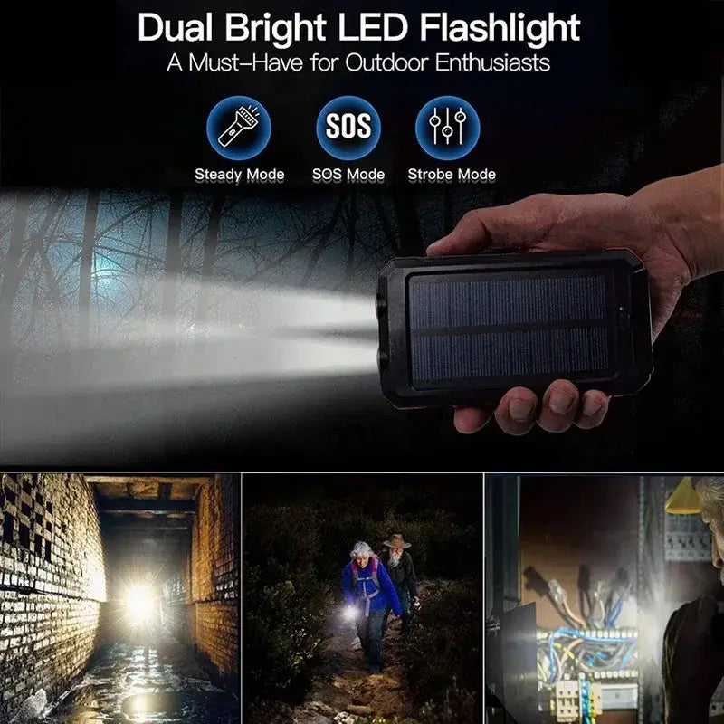 Dual bright LED flashlight showcasing steady, SOS, and strobe modes, ideal for outdoor enthusiasts in various scenarios.