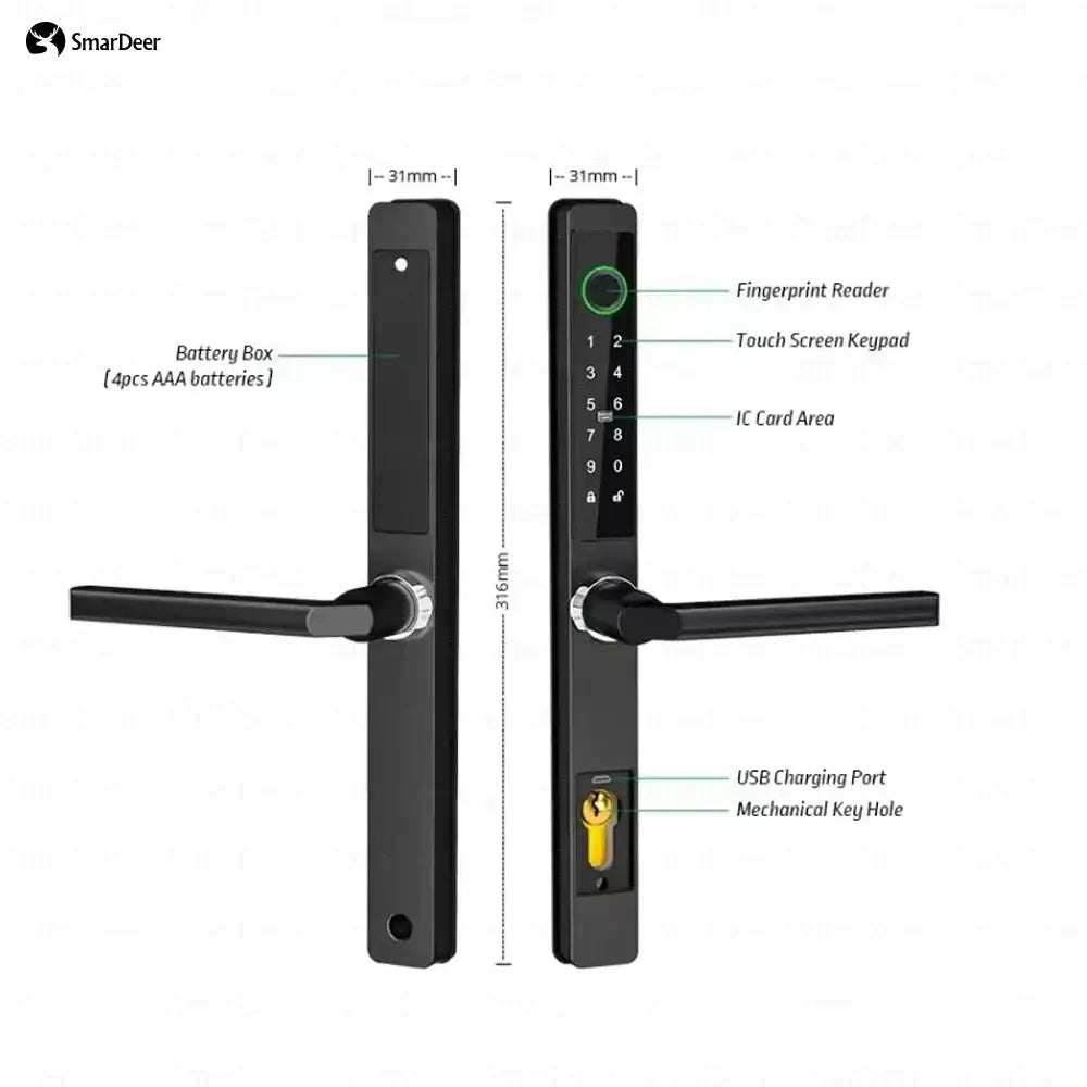 SmarDeer L010-TT electronic lock features fingerprint reader, touch screen keypad, IC card area, and USB charging port.