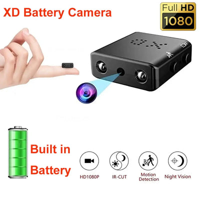 Mini 1080P HD battery camera with built-in battery, IR night vision, and motion detection features.