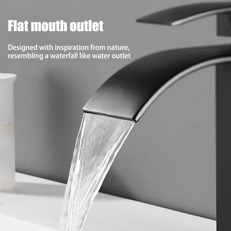 Close-up of a flat mouth outlet faucet, designed to resemble a waterfall for a modern bathroom aesthetic.