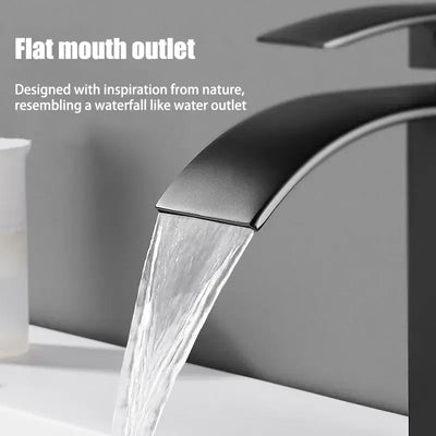 Close-up of a flat mouth outlet faucet, designed to resemble a waterfall for a modern bathroom aesthetic.