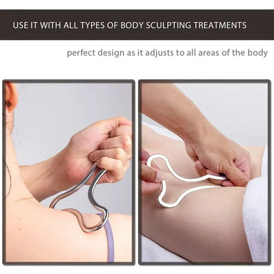 Gua Sha scraping massage tool in use on back and thigh for body sculpting treatment.