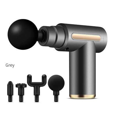 Mini massage gun in grey with interchangeable massage heads for muscle relaxation and pain relief, featuring a portable design.