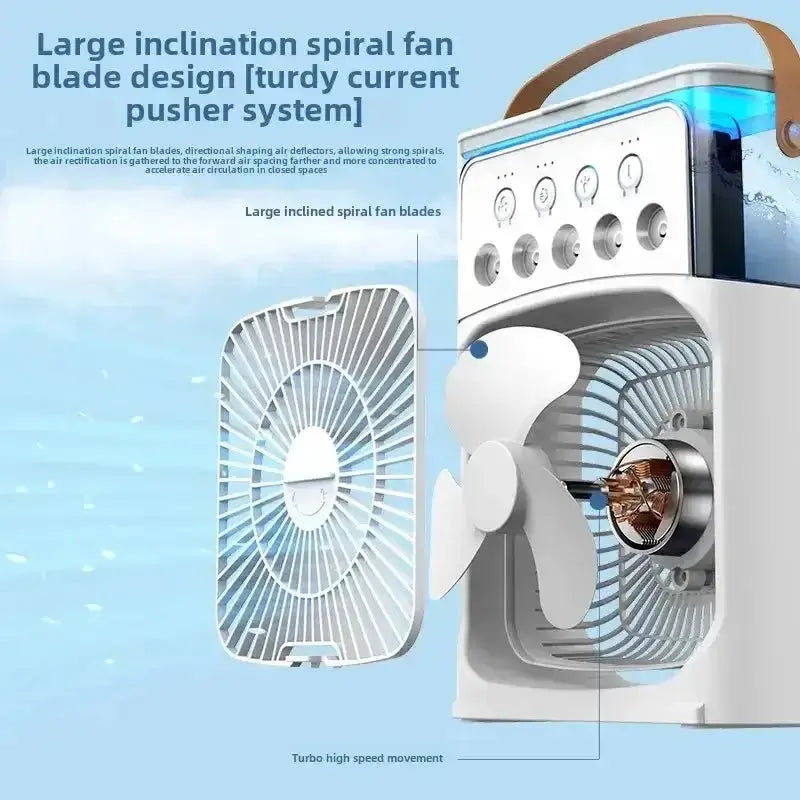 Nevytech 3-in-1 portable mini air cooler offers cooling, humidifying, and LED lighting—compact, quiet, and energy efficient.