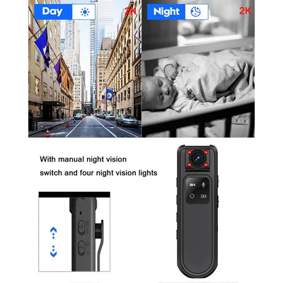 Dual image showing day and night recording modes of Quad HD 2K portable mini camera with manual night vision switch.