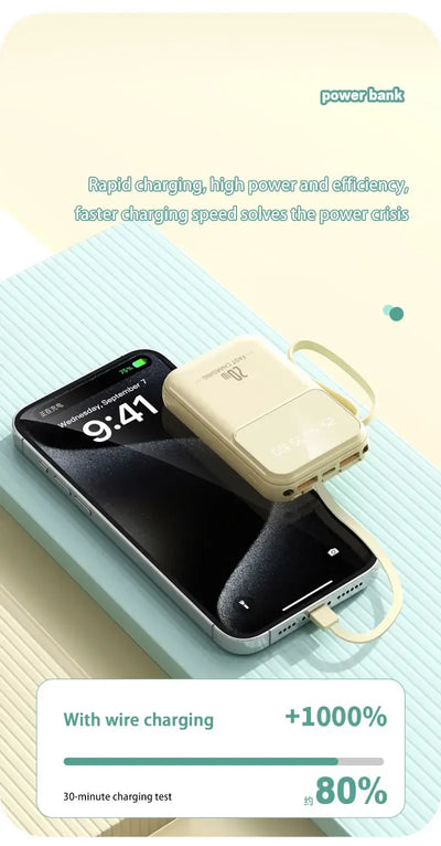 Portable power bank charging smartphone with rapid charging efficiency and digital display.