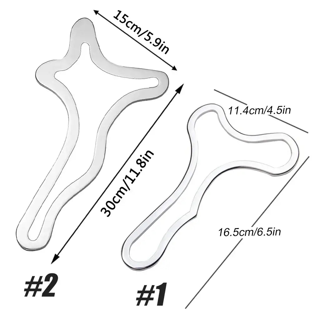 Two stainless steel Gua Sha massage tools with dimensions labeled for body contouring therapy.