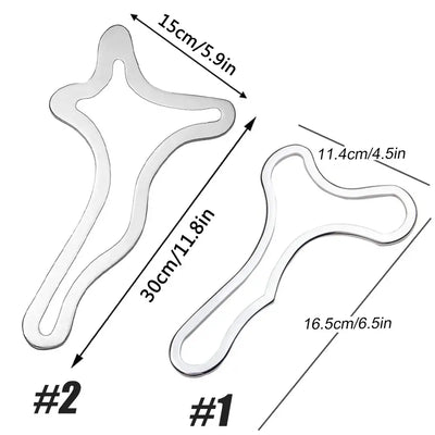 Two stainless steel Gua Sha massage tools with dimensions labeled for body contouring therapy.