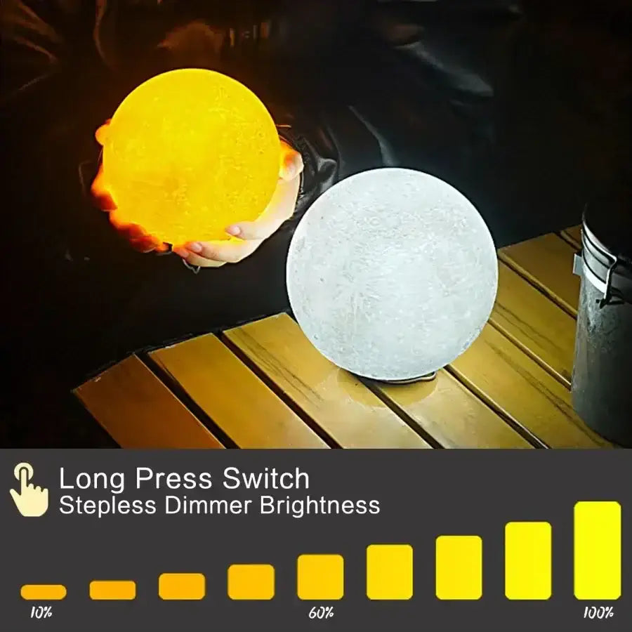 Two LED moon lights showing stepless dimmer brightness with long press switch on a wooden surface.