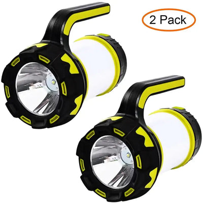 Two-pack rechargeable LED camping lanterns with bright light and ergonomic handles, ideal for outdoor adventures.