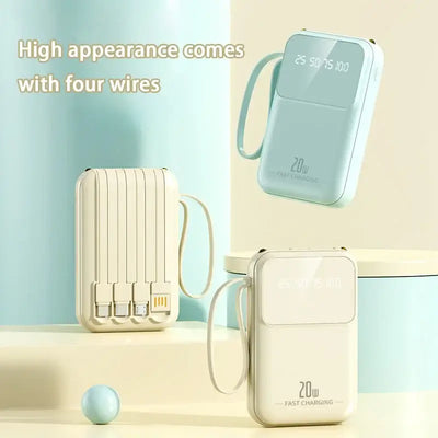 Stylish portable power bank with digital display, featuring four wires for super fast charging and high capacity.