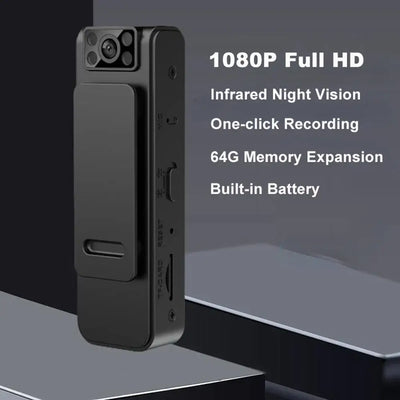 Mini body camera with 1080P Full HD, night vision, one-click recording, and 64GB memory expansion.