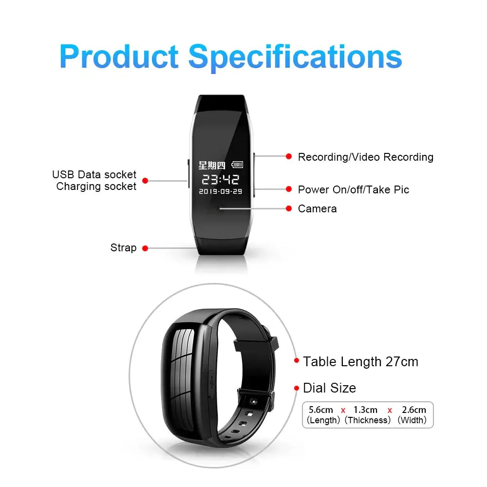 Digital watch mini camera specifications showing USB socket, recording features, and dimensions for the wearable camcorder.