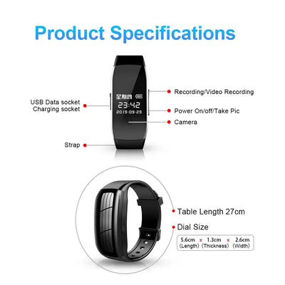 Digital watch mini camera specifications showing USB socket, recording features, and dimensions for the wearable camcorder.