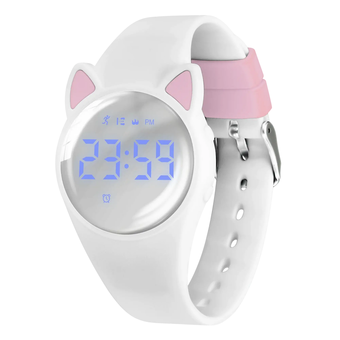 Digital fitness tracker watch for kids with a cute cat design and silicone band showing time.