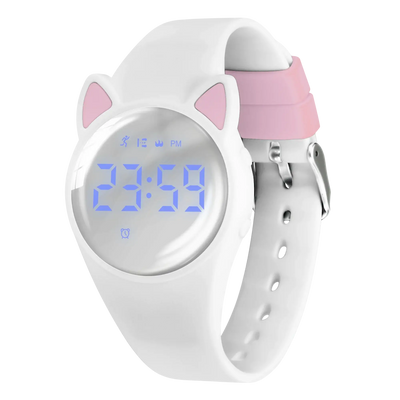 Digital fitness tracker watch for kids with a cute cat design and silicone band showing time.