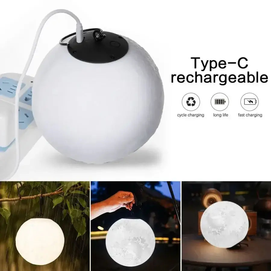 Portable LED camping lantern, Type-C rechargeable, hanging moon light, IP44 waterproof, ideal for outdoor use.
