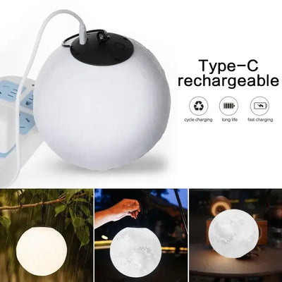 Portable LED camping lantern, Type-C rechargeable, hanging moon light, IP44 waterproof, ideal for outdoor use.