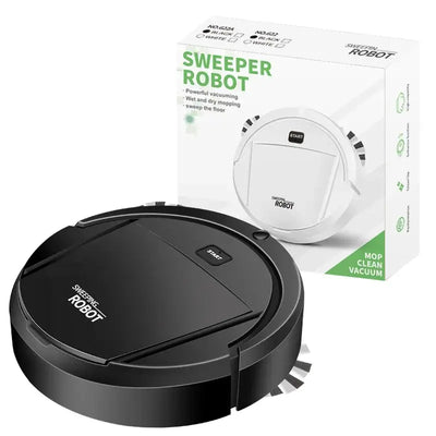 Automatic robot vacuum cleaner with powerful suction and wet/dry mopping capabilities in sleek black design.