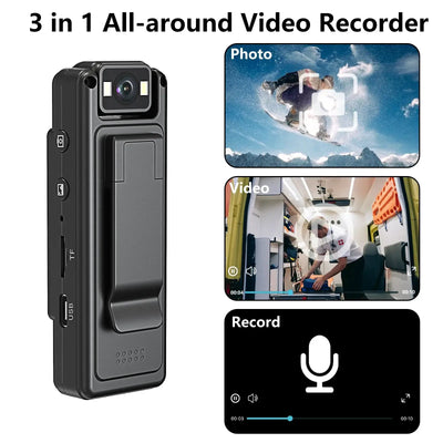 3-in-1 all-around video recorder showcasing photo, video, and record functions with compact design for versatility.